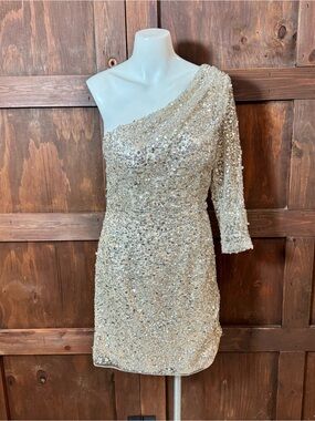 Sherri Hill Champagne Beaded One-Shoulder Mini Dress
